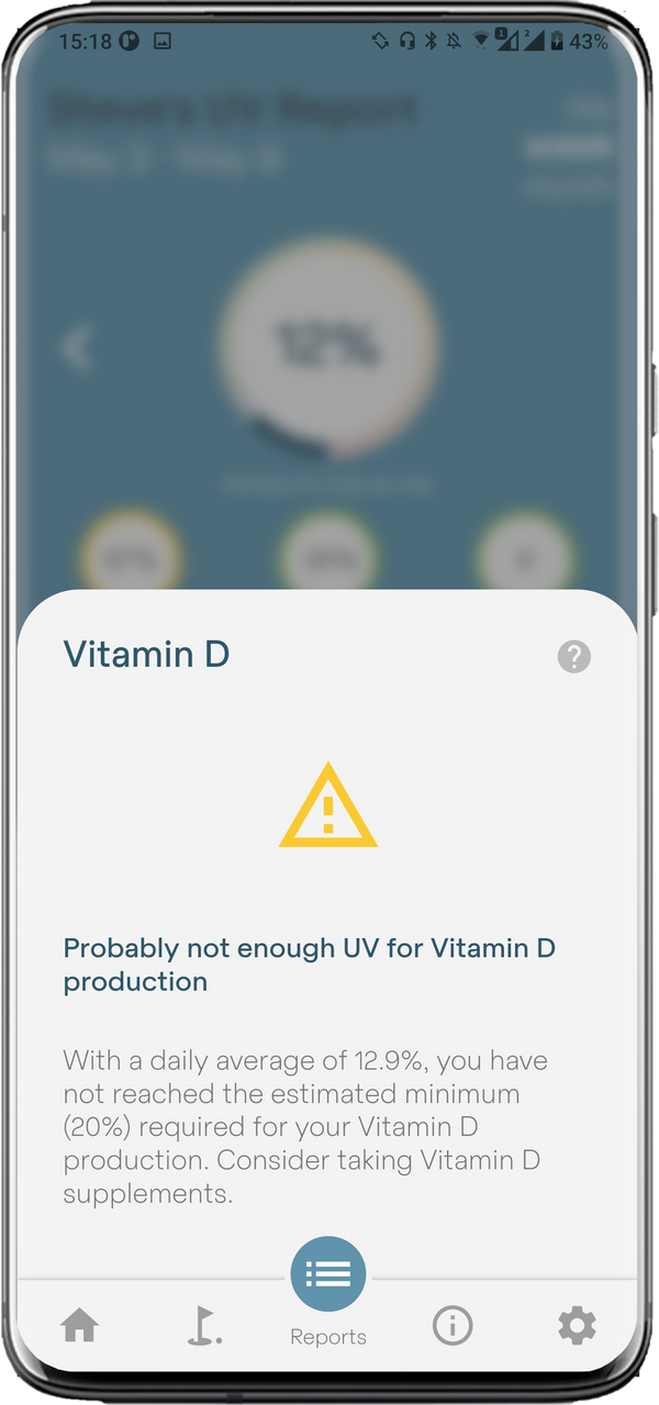 sun-a-wear mobile app screenshot showing warning for potential low production of Vitamin D